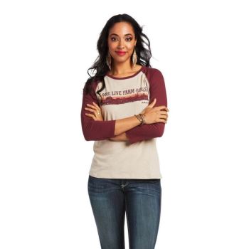 Ariat REAL Long Live Baseball Tee Oatmeal Heather/Zinfandel | K8Xkv3n5